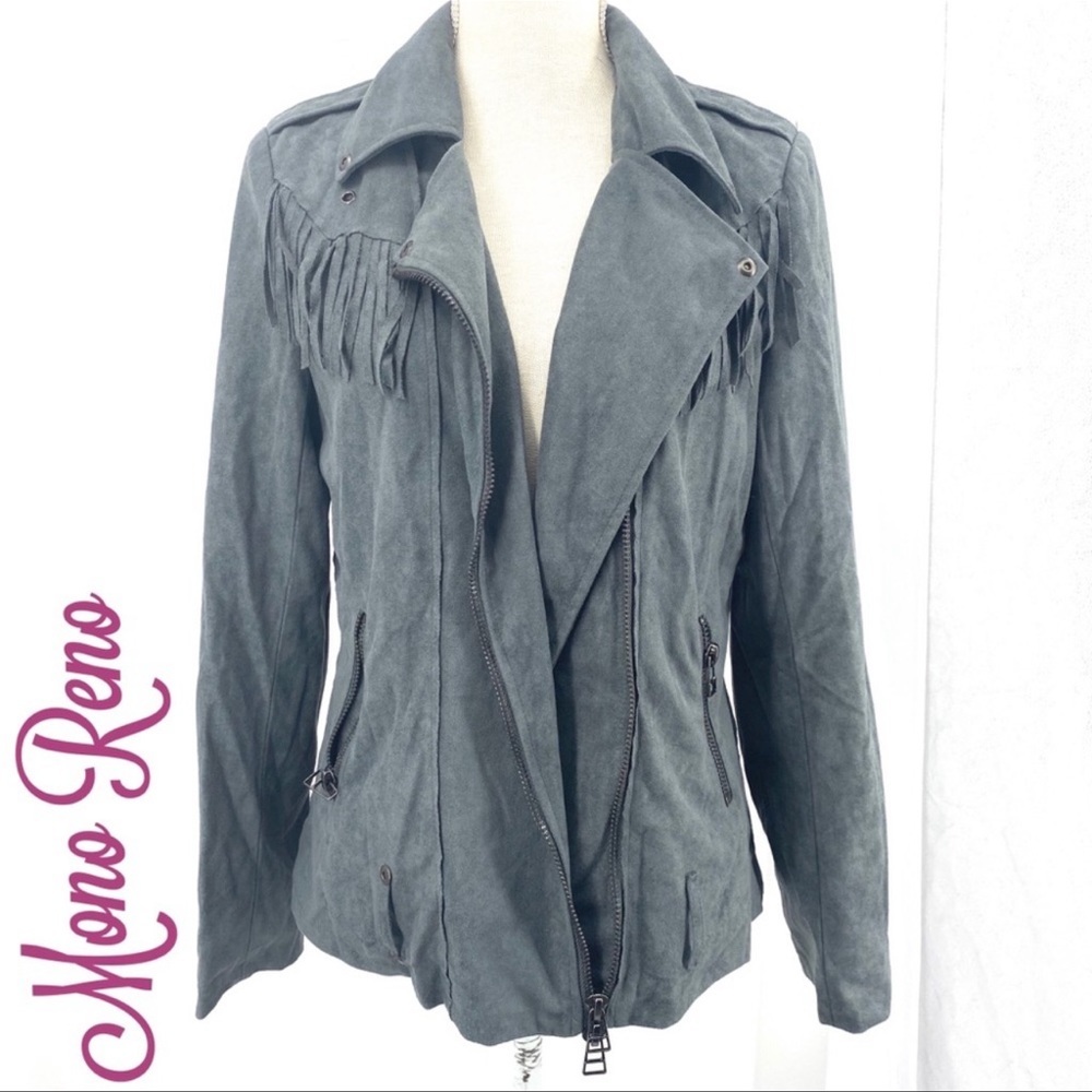 MonoReno Anthropology women's blue suede fringe jacket NWT